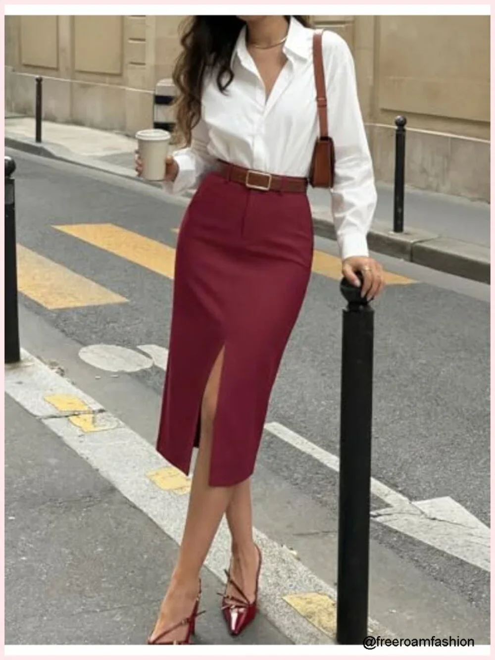 High Waisted Pencil Midi Skirt with Front Slit and Pockets